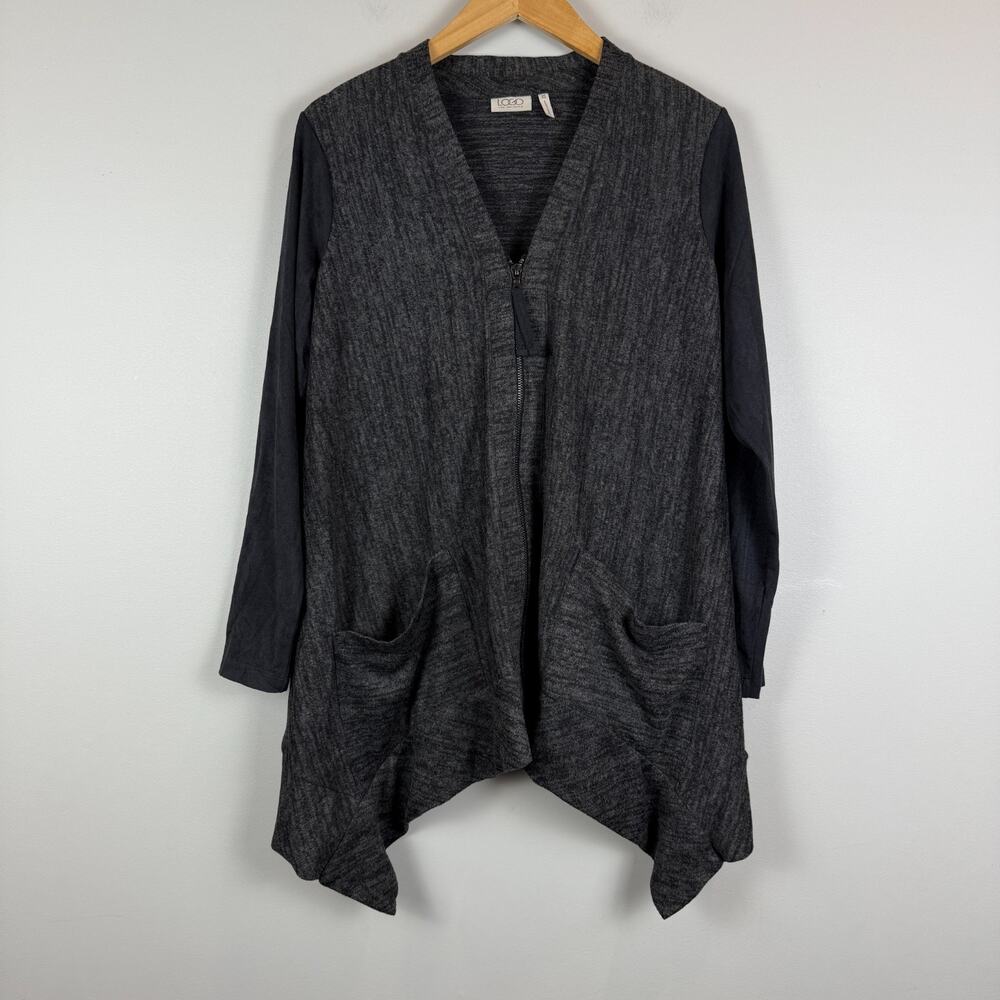 Logo Lori Goldstein Cardigan Women XS Charcoal Faux Suede Asymmetric Relaxed